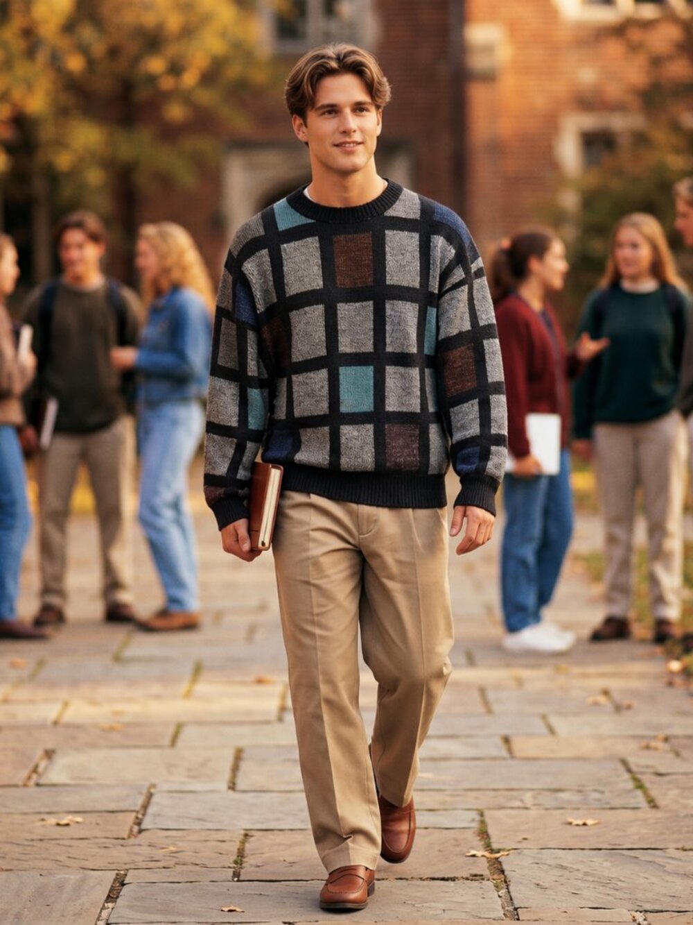 Lavane Men XL Sweater Black Teal Coogi Geometric Grid Crewneck Archival Grunge